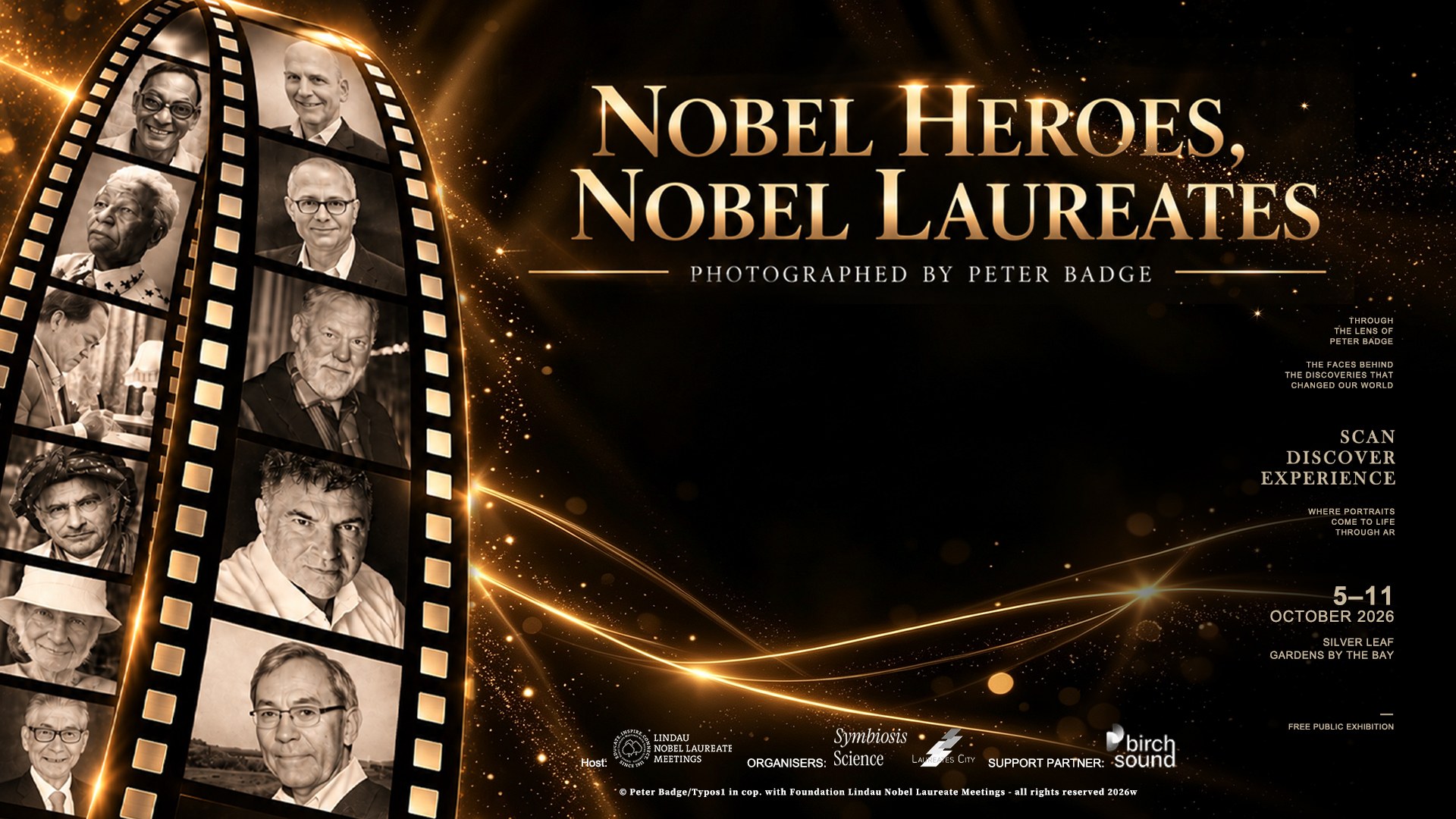 Nobel Heroes, Nobel Laureates — photographed by Peter Badge. Exhibition poster, 5–11 October 2026, Silver Leaf, Gardens by the Bay